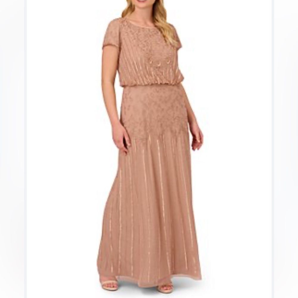 Adrianna Papell Boat Neck embellished mesh blouson tan evening formal dress sz 6 - Picture 3 of 10